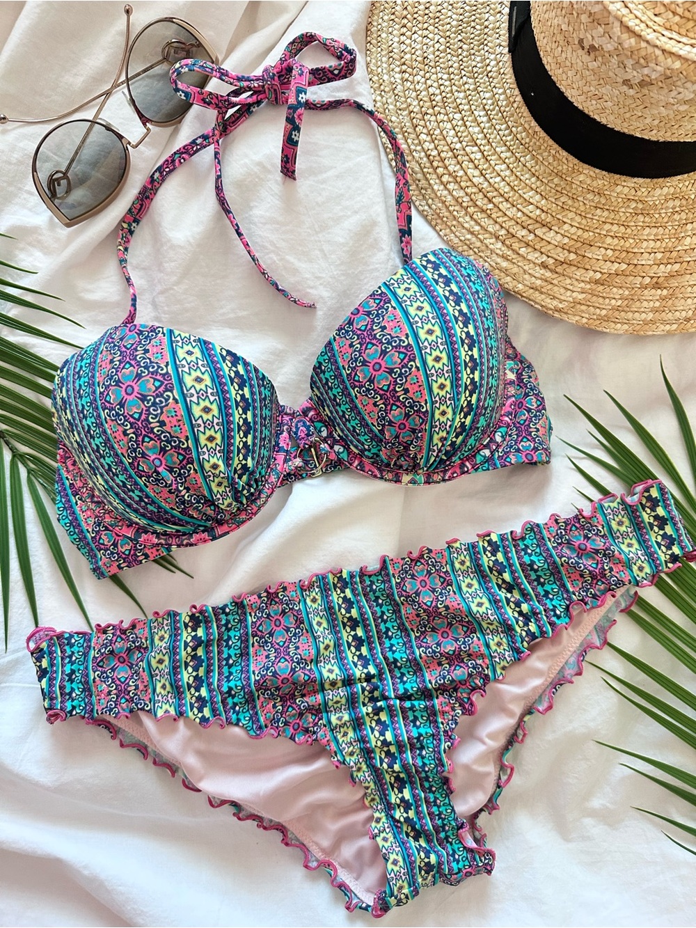 Shade and Shore Patterned Padded Underwire Bikini Set in Teal, Pink & Yellow - Picture 1 of 6